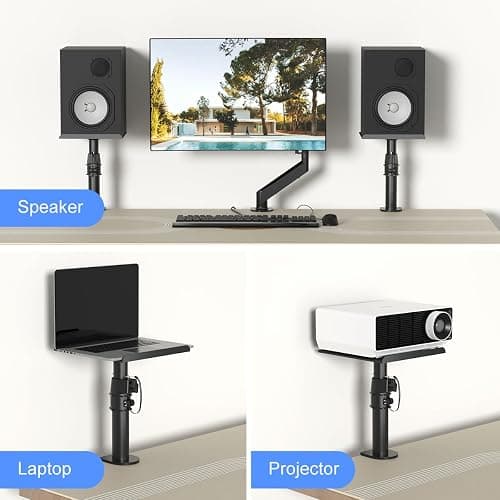 suptek Clamp-on Speaker Stand Desk Mount Set, Height Adjustment, Tilt, Swivel, 9.6 x 8.8 inch Trays, Universal Audio Holders for Computer and Bookshelf Speakers, Elevated Sound, 2 Pack, Black, SDM001B thumbnail 6