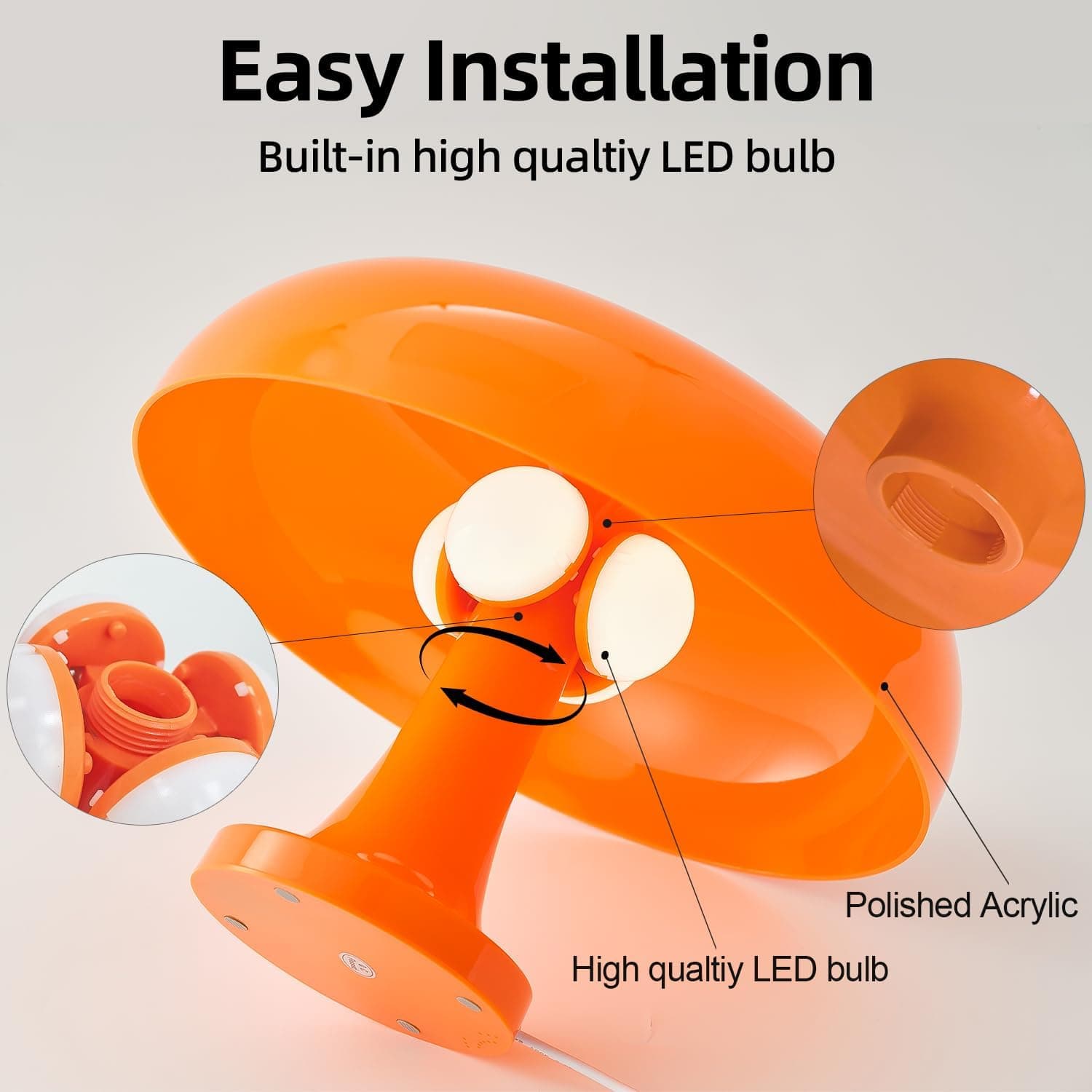 Orange Mushroom Lamp, Vintage Table Lamp, Mid Century Modern Retro Mushroom Style,Cordless Touch Lamps Bedside Charging Model,Dimmable for bedrooms Living Room Home Decor(Touch Adjustable Version) thumbnail 5