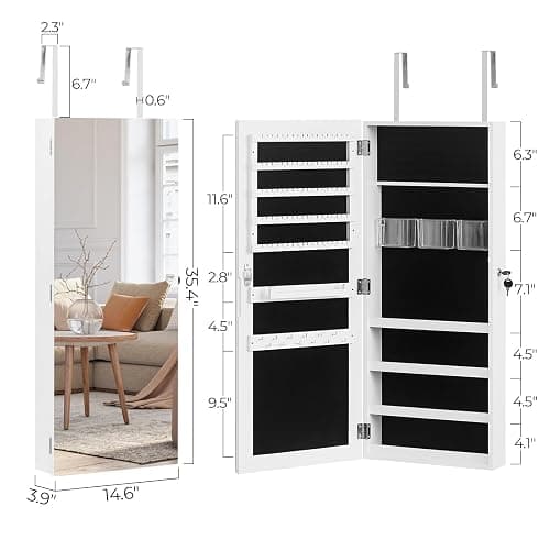 Jewelry Cabinet Fitting Mirror Cabinet,Mirror Jewelry Cabinet Organizer, 35.4-inch Jewelry Armoire with Full-Length Mirror, Wall or Door Mounted Jewelry Storage, Lockable Large Capacity Storage, White thumbnail 3