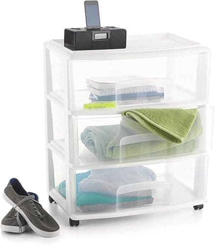 Plastic Storage Drawer Cart, Medium Home Organization Storage Container with 3 Large Clear Drawers With Wheels (White) thumbnail 4