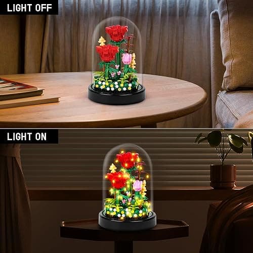 HOGOKIDS Flower Bouquet Building Kit with LED Lighting - 596 PCS Rose Sets with Cover Botanical Building Blocks | Birthday Mini Bricks Valentines Day Gift for Adult Girlfriend Wife (Red Roses) thumbnail 5