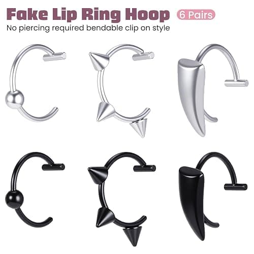 Alrhso 12 Pcs Fake Lip Ring Fake Snake Bite Non-Piercing Lip Cuff Ear Cuff Stainless Steel Vampire Teeth Ring Septum Nose Piercing Set for Women Men (Black Silver) thumbnail 2