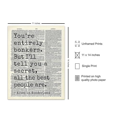 Alice in Wonderland Quote Wall Art LARGE 11x14 - Typography Dictionary Print for Bedroom, Office, Girls Room - Cheshire Cat, Mad Hatter Decor - Lewis Carroll Inspired Positive Quotes Wall Decor Poster thumbnail 2
