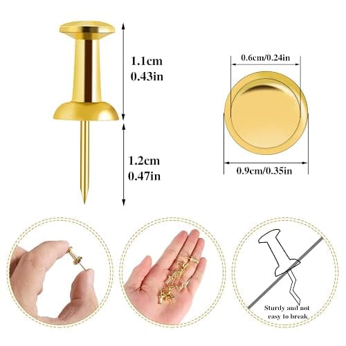 200 Count Gold Push Pins - Standard Plastic Head Steel Point Thumb Tacks for Bulletin Board, Cork Board, Wall Hanging - Decorative Office Supplies thumbnail 3