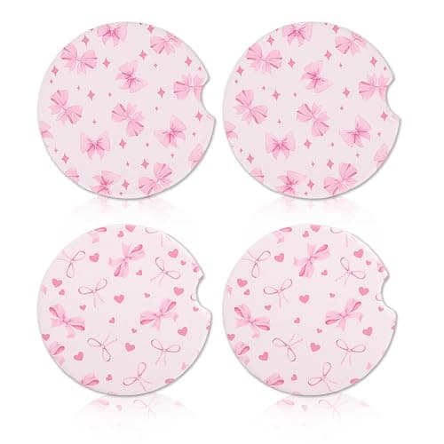 4pcs Pink Bow Car Coasters, Coquette Bow Cup Holder Coasters with Finger Notch Absorbent Cork Ceramic Cupholder Coaster for Car Women - Image 1