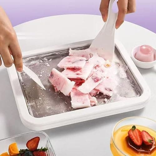 At-Home Rolled Ice Cream Maker Kit, Instant Freeze Plate with 2 Scrapers, DIY Homemade Ice Cream tray, Yogurt, Sorbet, Fun Family Activity for Kids, Food-Grade Stainless Steel(White) thumbnail 2