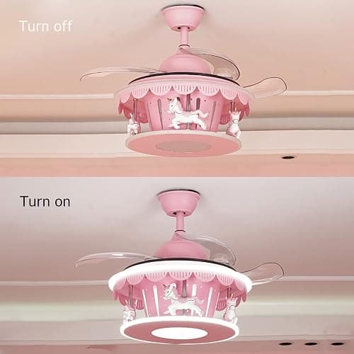 PSXPSXO Cartoon Pink Ceiling Fan with Lights Kids LED Ceiling Lamp Creative Carousel with Invisible Blades Close to Ceiling Lighting for Living Room Bedroom thumbnail 6