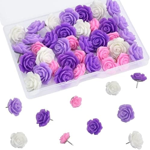 Vuzvuv 60Pcs Purple Rose Flower Cute Push Pins Thumbtack for Bulletin Board | Resin & Metal Cute Push Pins, Sturdy Reusable, 60pcs in Storage Box, for Bulletin Boards, Office School Decor, Lovely Gift - Image 1