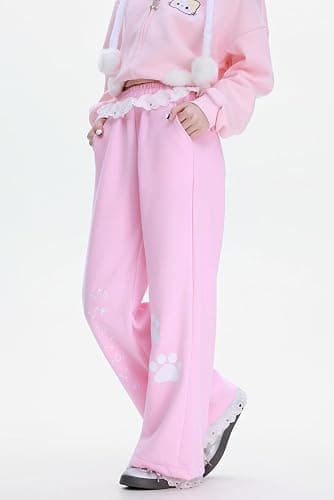 Womens Y2K Kawaii Lace Sweatpants Elastic Drawstring Loose Fit Casual Cat Graphic Cute Straight Leg Pants thumbnail 4