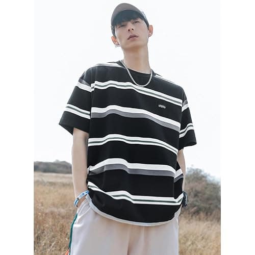 INFENU Gothic Casual Loose Oversized T-Shirt Harajuku Street Trend Men and Women Wearing Printed Stripes for Couples thumbnail 2