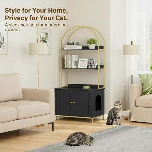 Homhedy Cat Litter Box Enclosure, Litter Box Furniture Hidden with 2-Tier Storage Shelves, Wooden Cat Washroom Furniture with Metal Frame, Modern Style, Black and Gold thumbnail 2