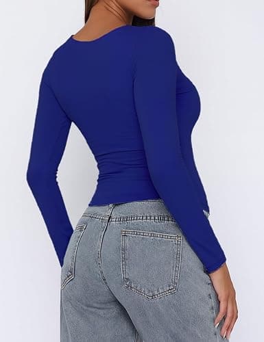ForeFair Womens Casual V Neck Long Sleeve Shirts Going Out Double Lined Crop Tops Slim Fitted Basic Tee thumbnail 3