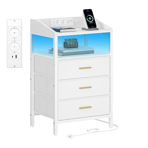 Hzuaneri Nachttisch mit LED-Leuchten und ladefunktion, Beistelltisch mit 3 Stoff-Schubladen mit USB-Anschlüssen & Steckdosen, für Schlafzimmer, Wohnzimmer, Weiß NS31013W - Image 1