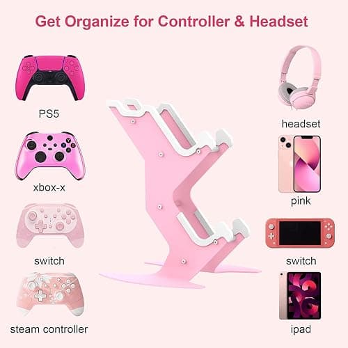 Controller Holder Pink, Game Controller Rack Headset Stand for Xbox Series X S/Xbox one / PS5 / PS4 / NS/PC/Headset, Aluminum Metal Headset Mount Universal Organizer for Video Game Accessories thumbnail 2