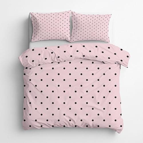 Pink Black Polka Dot Duvet Cover Full 3 pcs, Modern Cute Girly Bedding Set, Super Soft Microfiber, 2 Pillow Sham, Zipper Closure Corner Ties, Polka Dots Decor & Giftsft-3 thumbnail 4