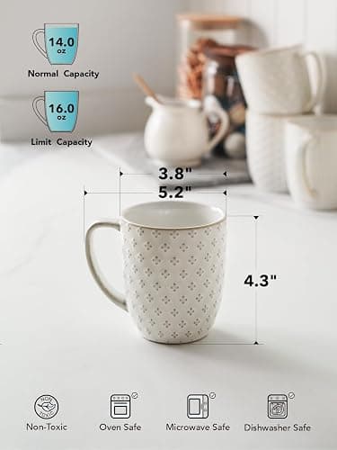LE TAUCI Coffee Mugs 16 oz,Ceramic Mug Set, Embossment Cups for Latte, Hot Tea, Cappuccino, Mocha, Cocoa, Dishwasher Safe, Suit For Housewarming Wedding- 3.8 inch, Set of 4, Arctic White thumbnail 4