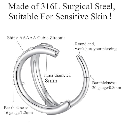 ORANGELOVE Double Open Stack CZ Nose Ring Hoop 316L Surgical Steel Helix Rook Conch Cartilage Daith Tragus Earrings Hinged Segment Nostril Piercing Septum Clicker 20G 18G 16G Lip Ring thumbnail 3