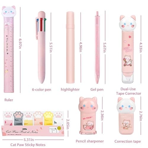 9Pcs Pink Cute Cat Stationery Gifts Set School Supplies Kawaii Japanese Stationery Christmas Birthday GIFS Includes Pencil Sharpener Highlighter Correction Tape Pens Ruler for Office School Supplies thumbnail 3