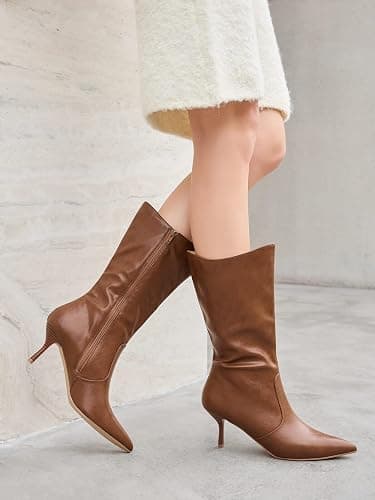 Coutgo Womens Mid Calf Boots Pointed Toe High Heel Long Boots Side Zipper Winter Dress Shoes thumbnail 3