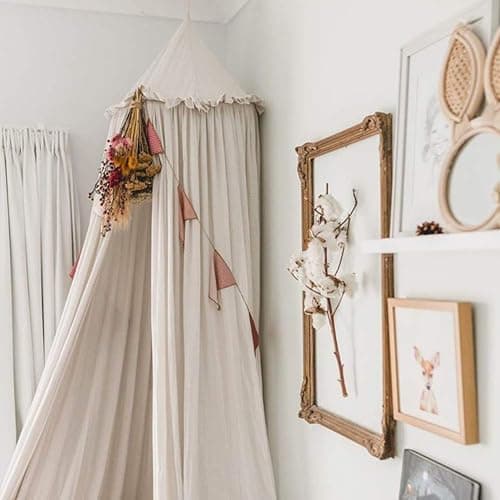 IBIZA VIBE MAMERIA Kids Bed Canopy with Frills Cotton Hanging Tent Curtain Net for Reading Nook Hideaway Bedding Play Room Decor (Beige) - Image 1