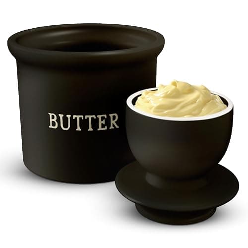 Kook Butter Crock with Lid, Soft Spreadable Butter, Ceramic French Butter Keeper to Leave On Counter with Water Line, Butter Dish, Home and Kitchen Decor, Perfect for Christmas Gift (Black) thumbnail 4
