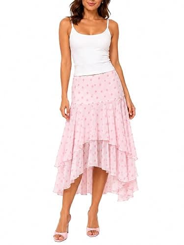 TETERHOM Women's Polka Dot Asymmetrical Midi Skirt, Pink, Tiered Ruffle Boho Style, 100% Polyester, Casual Vacation - Image 1