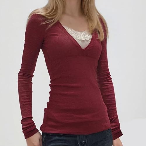 Fairy Grunge Y2K Shirts for Women Long Sleeve Lace Patchwork Tees Tops Teen Girls Aesthetic Vintage Slim Blouse thumbnail 2