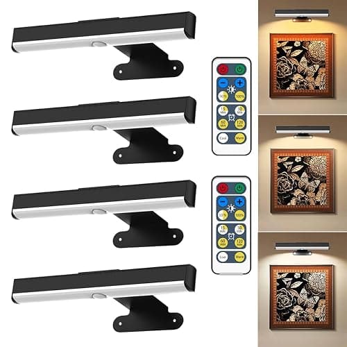 4Pack Wireless Picture Light with Remote,Battery Operated Wall Sconces for Wall Decor,3 Color Timer&Dimmable Paintings Light LED Art Display Lamp Picture Frame Light for Artwork Posters Gallery-Black - Image 1