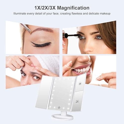 WEILY Vanity Makeup Mirror,1x/2x/3x Tri-Fold Makeup Mirror with 21 LED Lights and Adjustable Touch Screen Lighted Mirror Dressing Mirrors for Women(White) thumbnail 8