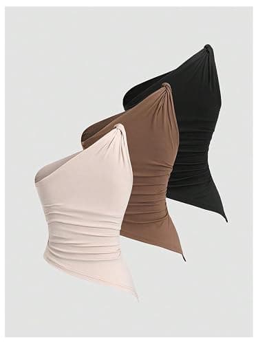 Milumia Women's 3 Pack One Shoulder Twisted Tank Top Asymmetrical Ruched Casual Tops thumbnail 4
