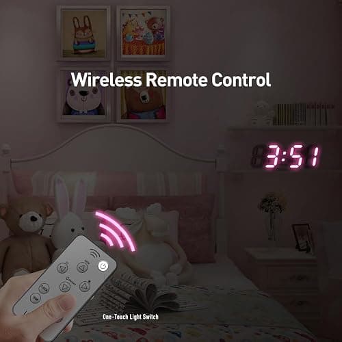 COVERY Pink Digital Wall Clock, 3D LED Desk Clocks, 10 '' Large Numbers for Girl Room - Alarm, Snooze, Temperature, Remote, Nightlight, Auto Brightness Lights, Valentines Gift - 10'' Pink Light Led Clock With Remote Control thumbnail 5