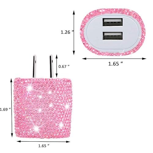 USB Wall Charger Bling 5V/2.4A 24W Dual Port Fast Charger Plug Cell Phone Block Adapter Pink for iPhone Android Samsung iPad Tablet etc. thumbnail 3