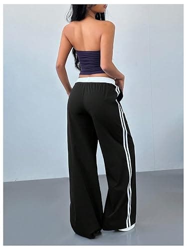 WDIRARA Women's Wide Leg Baggy Sweatpants Side Striped Number Graphic Track Pants with Pockets thumbnail 2