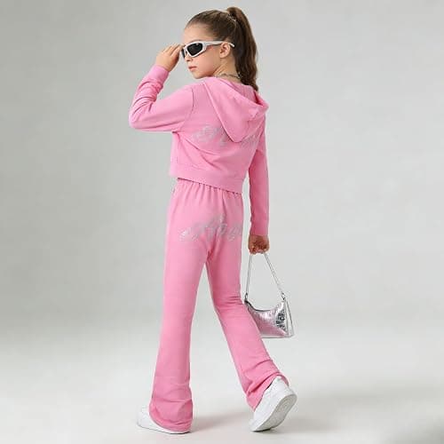 Lianpyxa Teen Girls Clothes 2 Piece Spring Outfits Fashion Letter Print Hooded Zip Up Top Flare Pants Set for 7-14T thumbnail 3