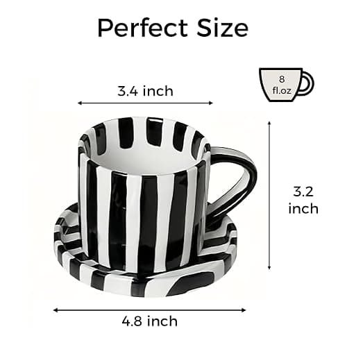 Mualuwi Tea Cup and Saucer, Ceramic 8 oz coffee mug, Dishwasher Safe and Microwave Safe, Black and White thumbnail 3
