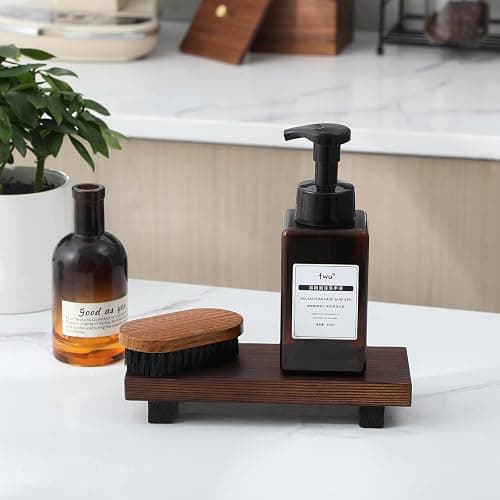 Bathroom Counter Organizer Wood Pedestal Stand Farmhouse Decorative Tray Soap Holder for Kitchen Decor, Small, Dark Brown thumbnail 3