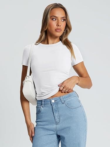 Trendy Queen Womens Basic T Shirts Summer Tops 2025 Crop Short Sleeve Slim Fit Tee Cute Gym Workout Clothes - Medium - White thumbnail 5
