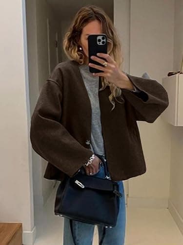 HOTIAN Women Cropped Wool Blend Coats Long Sleeve Coat Jacket Peacoat Fall Winter Outwear Overcoat thumbnail 2