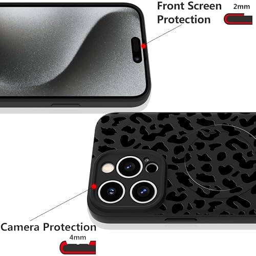 OOK Magnetic for iPhone 15 Pro Case, Silicone Black Leopard Cute Pattern, Compatible with MagSafe Cheetah Print Camera Protection Shockproof Slim Phone Case for 6.1inch, Black thumbnail 3