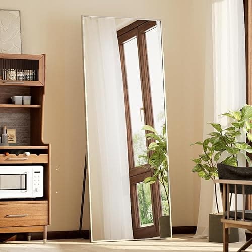 BEAUTYPEAK Full Length Mirror with Stand, 56"x21" Floor Mirror with Aluminum Alloy Thin Frame, ShatterVue Tempered Full Body Mirrors, Free Standing or Wall-Mounted Mirrors for Living Room, Silver thumbnail 6