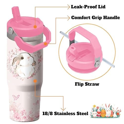 30oz Bunny Tumbler with Handle and Flip Straw, Rabbit Stainless Steel Vacuum Insulated Cup, Travel Mug Water Bottle, Easter Gifts for Women Bunny Lovers thumbnail 4