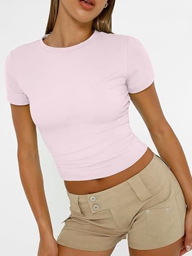 AUTOMET Women's Crew Neck Short Sleeve Basic Stretchy Tight Fitted T-Shirt thumbnail 4