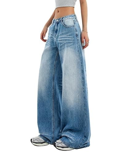 Women's Low Rise Wide Leg Flare Jeans Baggy Vintage 90s Bell Bottom Jeans Casual Loose Fit Boyfriend Denim Pants thumbnail 4