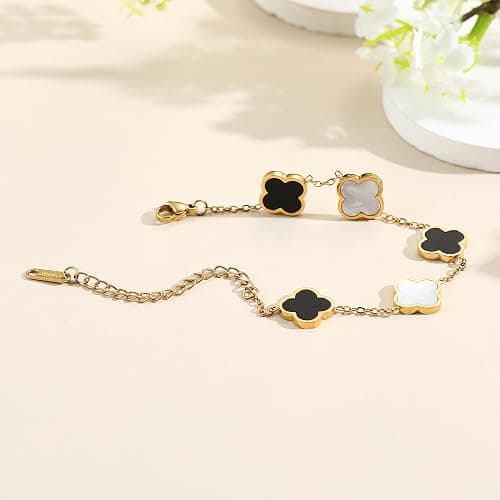 AIPPK 18K Gold Plated Clover Lucky Bracelet for Women White/Black/Red/Green Flower Four Leaf Link Bracelets Trendy Jewelry Gifts for Women thumbnail 3