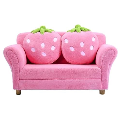 Costzon Kids Couch, Double Seat Pink Children's Sofa with 2 Strawberry Pillows, Toddler Armrest Chair for Bedroom, Living Room, Large Soft for Kids Loveseat Toy for Baby Girls Preschool Gifts Presents - Pink