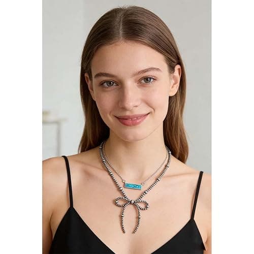 Navajo Pearl Necklace Western Jewelry for Women Turquoise Heart Bar Pendant Necklace Layered Boho Beaded Choker Necklace for Women thumbnail 2