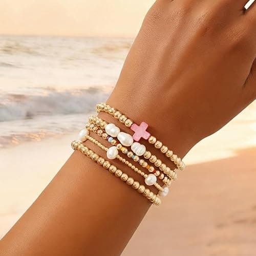 SHINUS BOHO 14K Gold Pearl Beaded Cross Bracelets Stack Set for Women,Stretch Boho Colorful Christian Beads Ball Jewelry Trendy Gift thumbnail 2