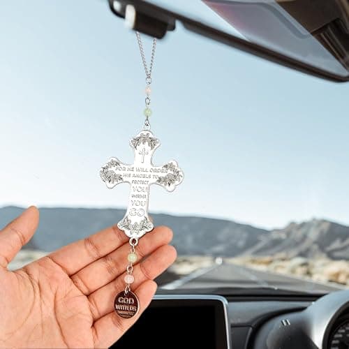 Cross Car Mirror Hanging Christian Gifts for Men Women, Metal Daily Bible Verse Car Rearview Decor Accessories, Christ Ornament Religious Gift for Truck Driver thumbnail 2