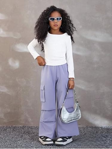 Azmxynol Girls Clothes 2 Piece Outfit Ribbed T-Shirt Top + Cargo Pants, Girls Fall Clothing Set, Sizes 5-12 Years thumbnail 3