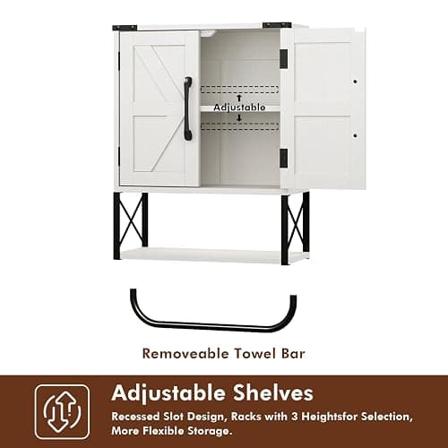 RUSTOWN Farmhouse Rustic Medicine Cabinet with Two Barn Door,Wood Wall Mounted Storage Cabinet with Adjustable Shelf and Towel Bar, 3-Tier Cabinet for Bathroom, Living Room(Vintage White) thumbnail 8